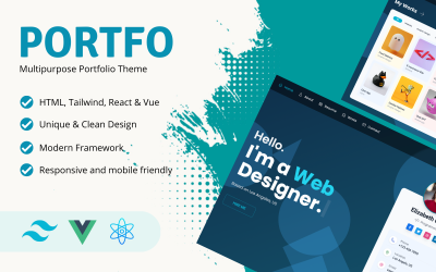 Шаблон Портфолио — Многоцелевой портфель React, Vue и Tailwind